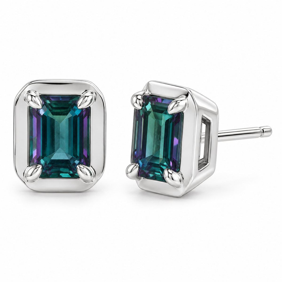 14K White Gold Lab-Grown Alexandrite Emerald-Cut Claw Bezel Stud Earrings — 6 × 4 mm stones — enhanced studio view