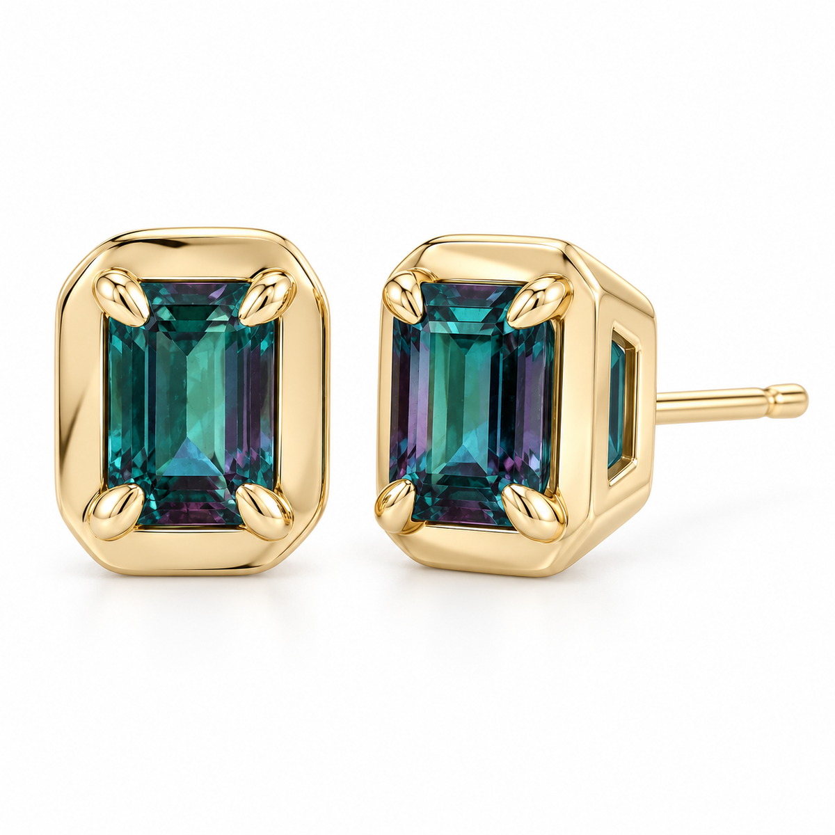 14K Yellow Gold Lab-Grown Alexandrite Emerald-Cut Claw Bezel Stud Earrings — 6 × 4 mm stones — enhanced studio view