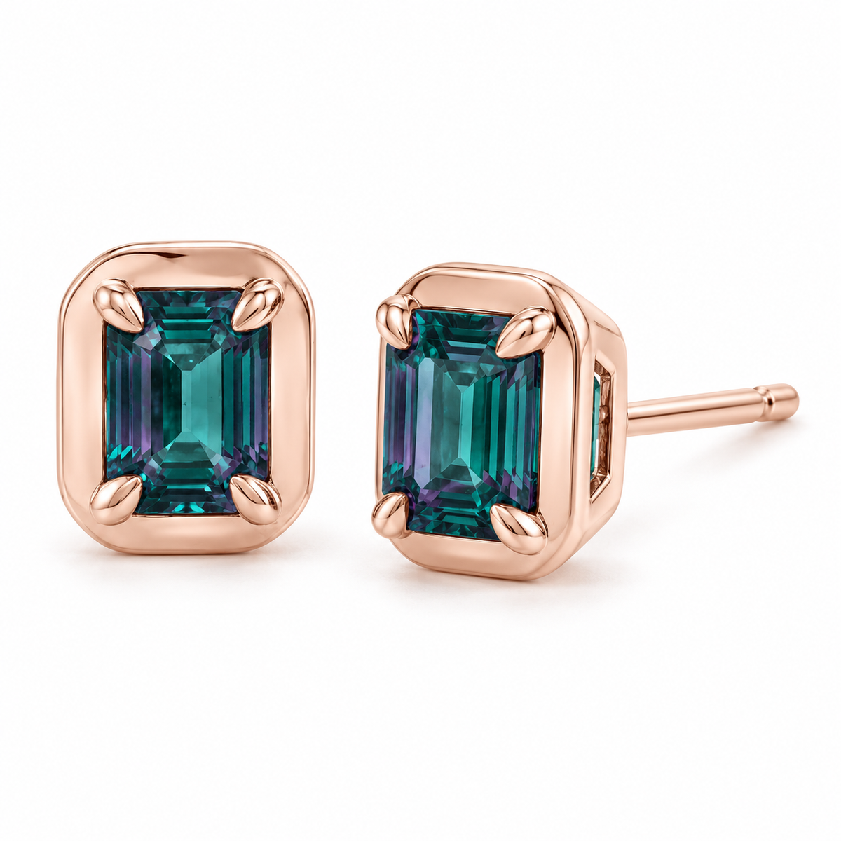 14K Rose Gold Lab-Grown Alexandrite Emerald-Cut Claw Bezel Stud Earrings — 6 × 4 mm stones — enhanced studio view