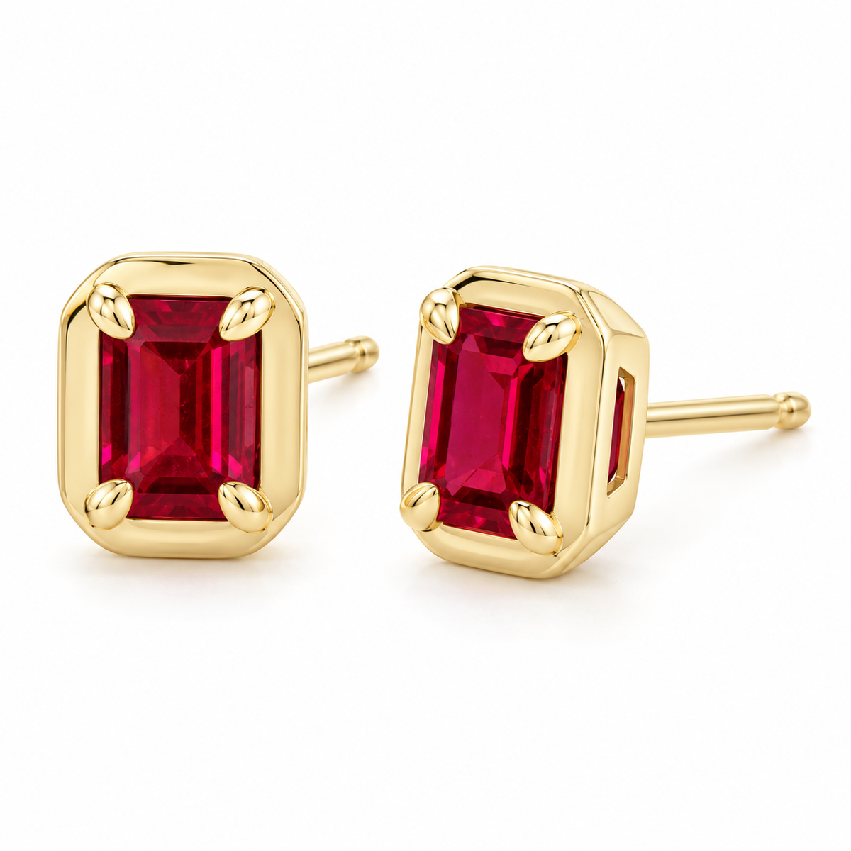 14K Yellow Gold Lab-Grown Ruby Emerald-Cut Claw Bezel Stud Earrings — 6 × 4 mm stones — enhanced studio view