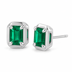 14K White Gold Lab-Grown Emerald Emerald-Cut Claw Bezel Stud Earrings — 6 × 4 mm stones — enhanced studio view