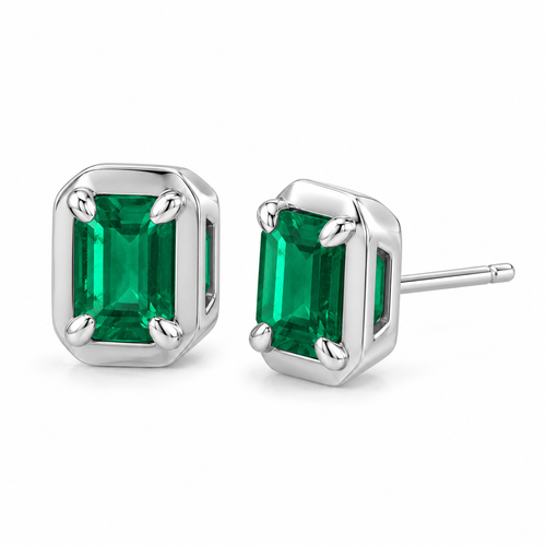 14K White Gold Lab-Grown Emerald Emerald-Cut Claw Bezel Stud Earrings — 6 × 4 mm stones — enhanced studio view