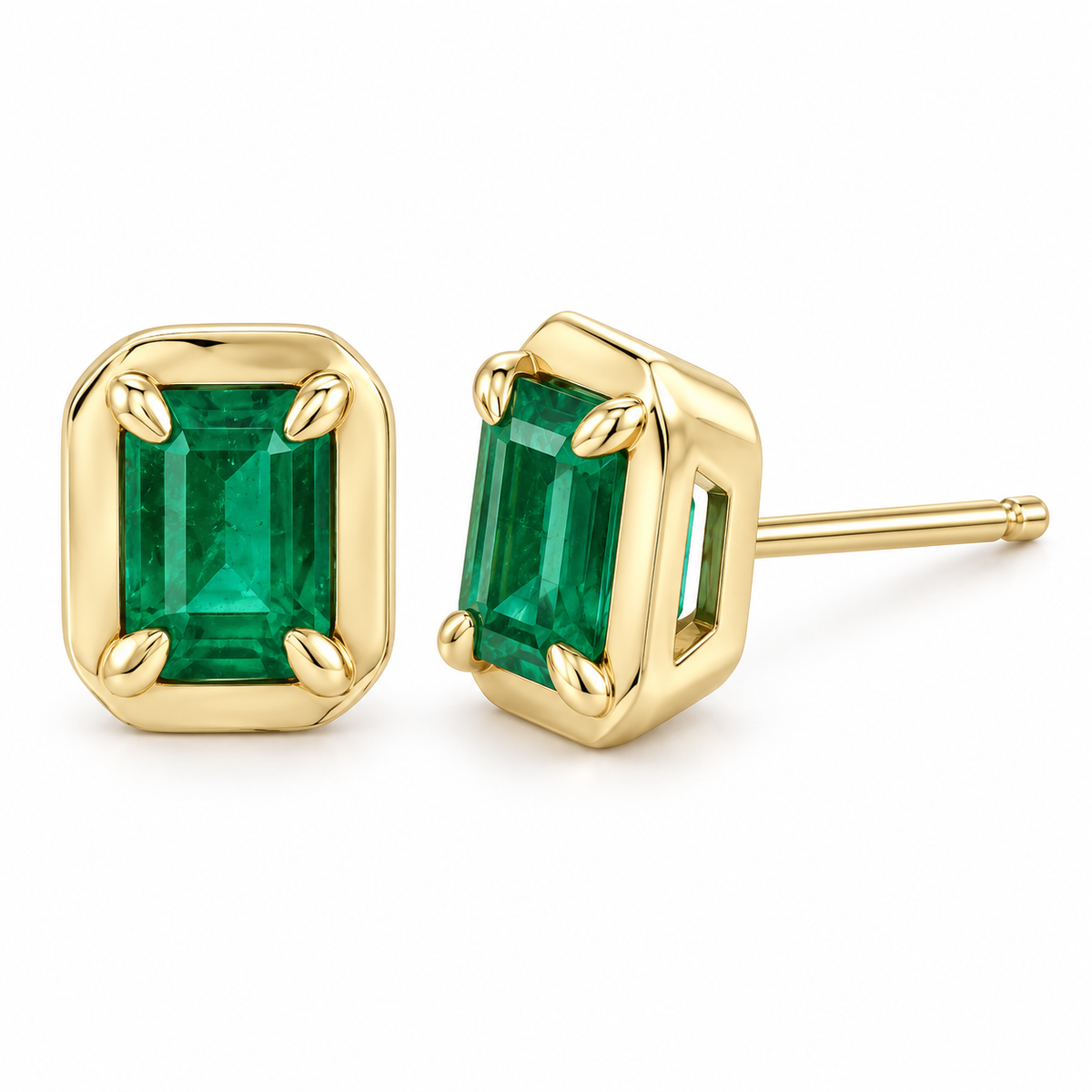 14K Yellow Gold Lab-Grown Emerald Emerald-Cut Claw Bezel Stud Earrings — 6 × 4 mm stones — enhanced studio view