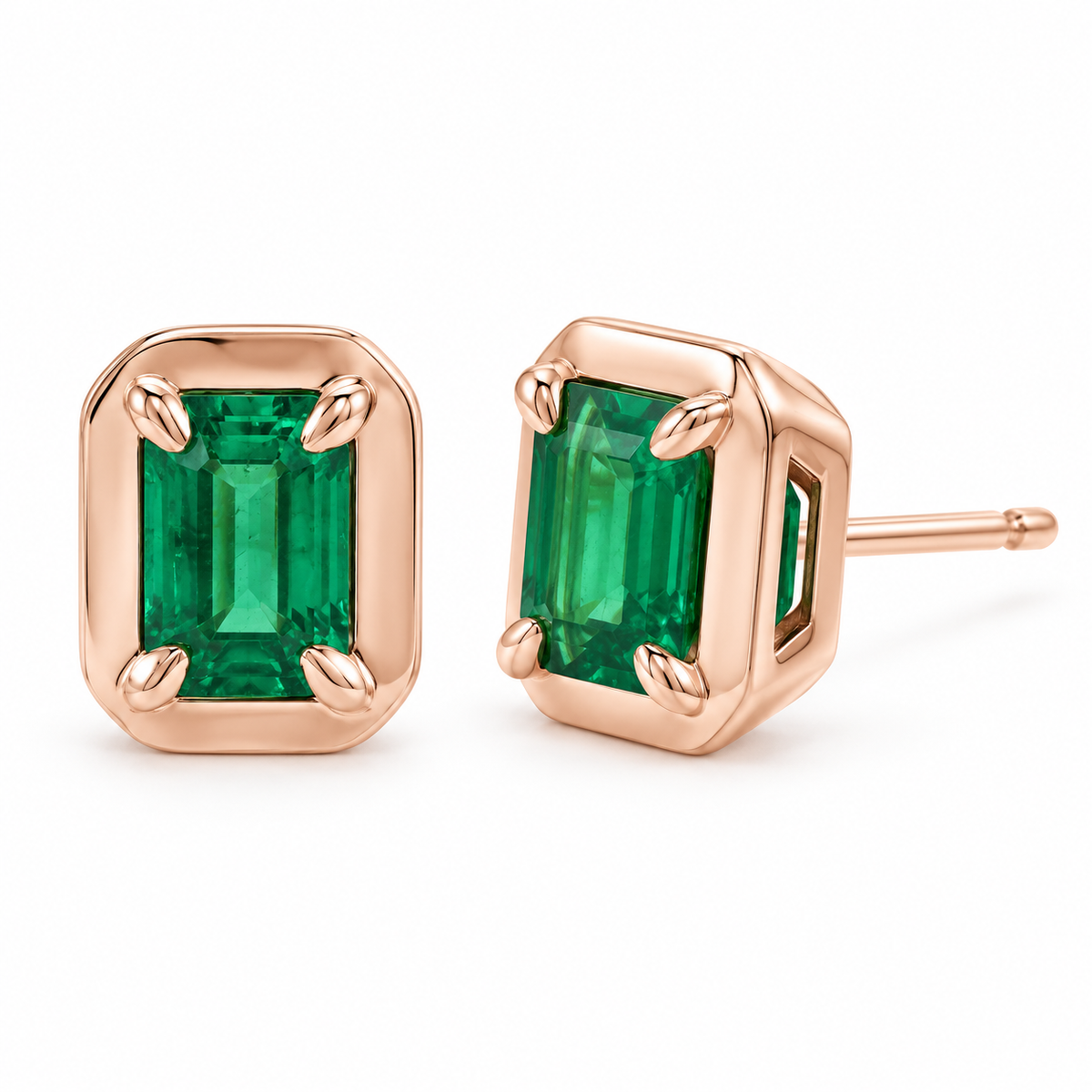 14K Rose Gold Lab-Grown Emerald Emerald-Cut Claw Bezel Stud Earrings — 6 × 4 mm stones — enhanced studio view