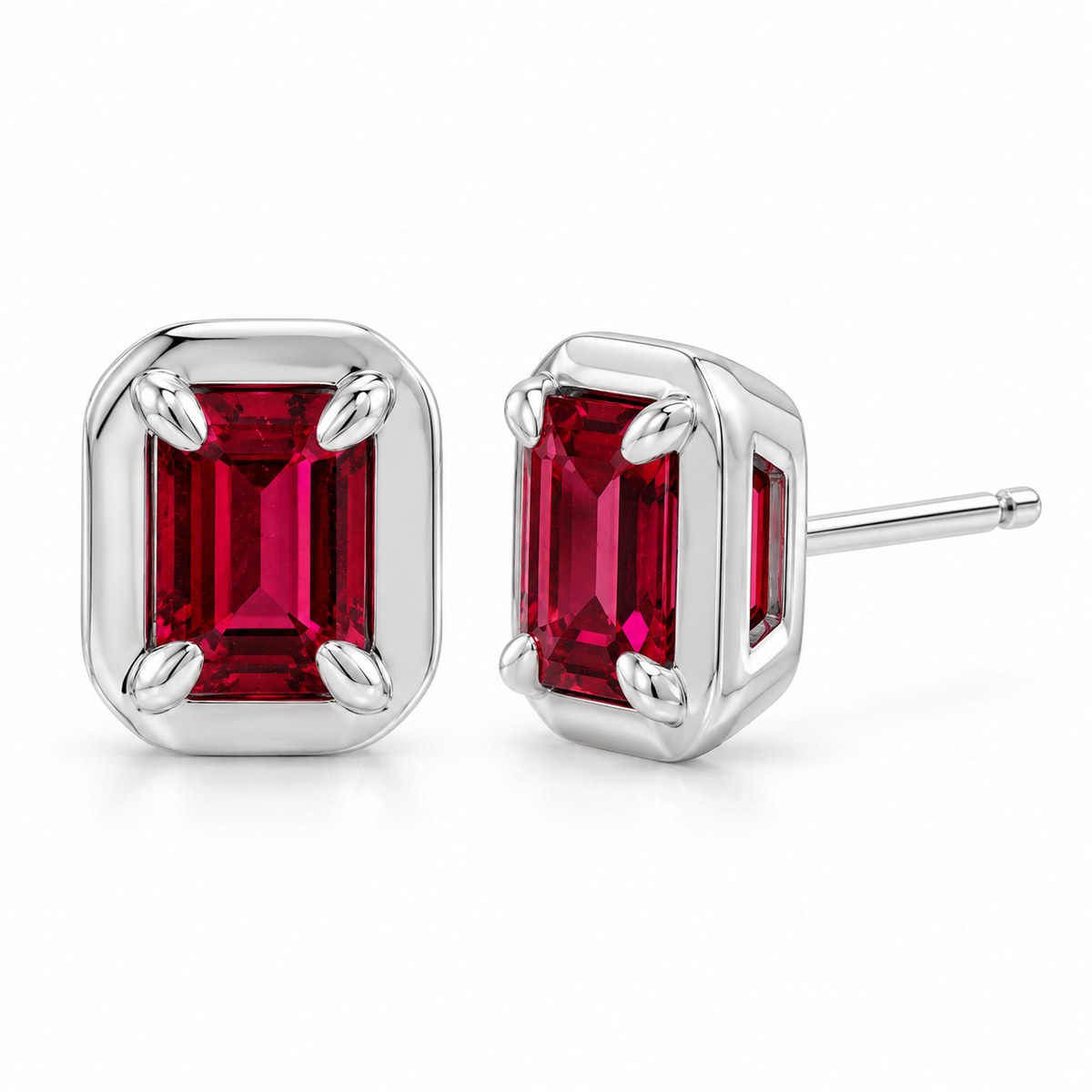 14K White Gold Lab-Grown Ruby Emerald-Cut Claw Bezel Stud Earrings — 6 × 4 mm stones — enhanced studio view
