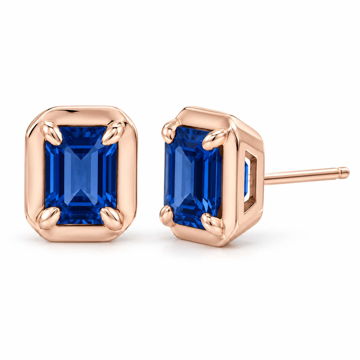 14K Rose Gold Lab-Grown Blue Sapphire Emerald-Cut Claw Bezel Stud Earrings — 6 × 4 mm stones — enhanced studio view
