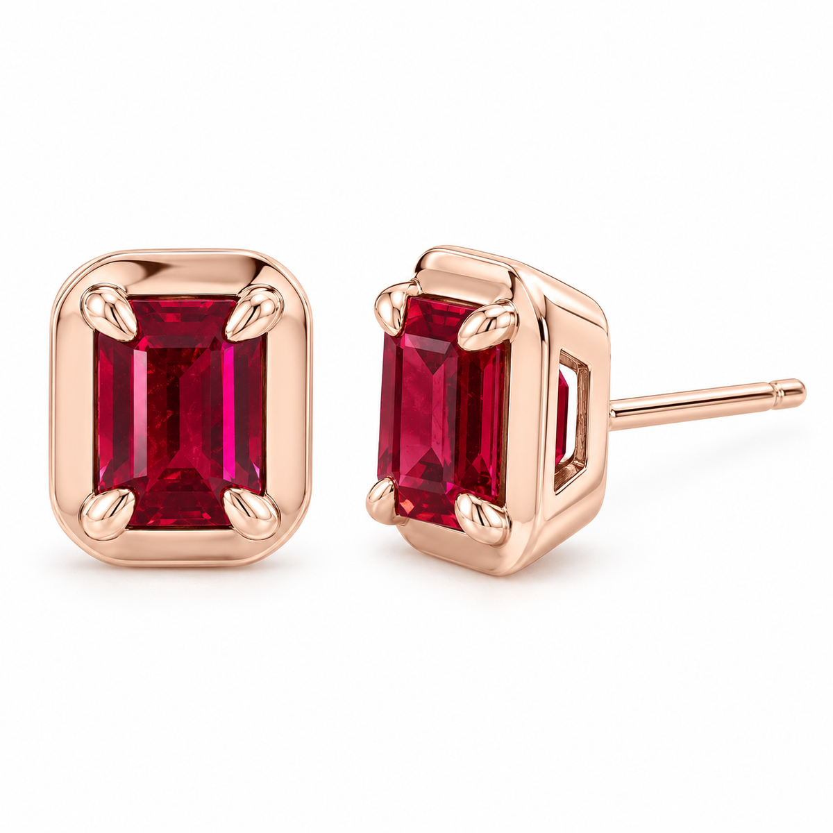 14K Rose Gold Lab-Grown Ruby Emerald-Cut Claw Bezel Stud Earrings — 6 × 4 mm stones — enhanced studio view