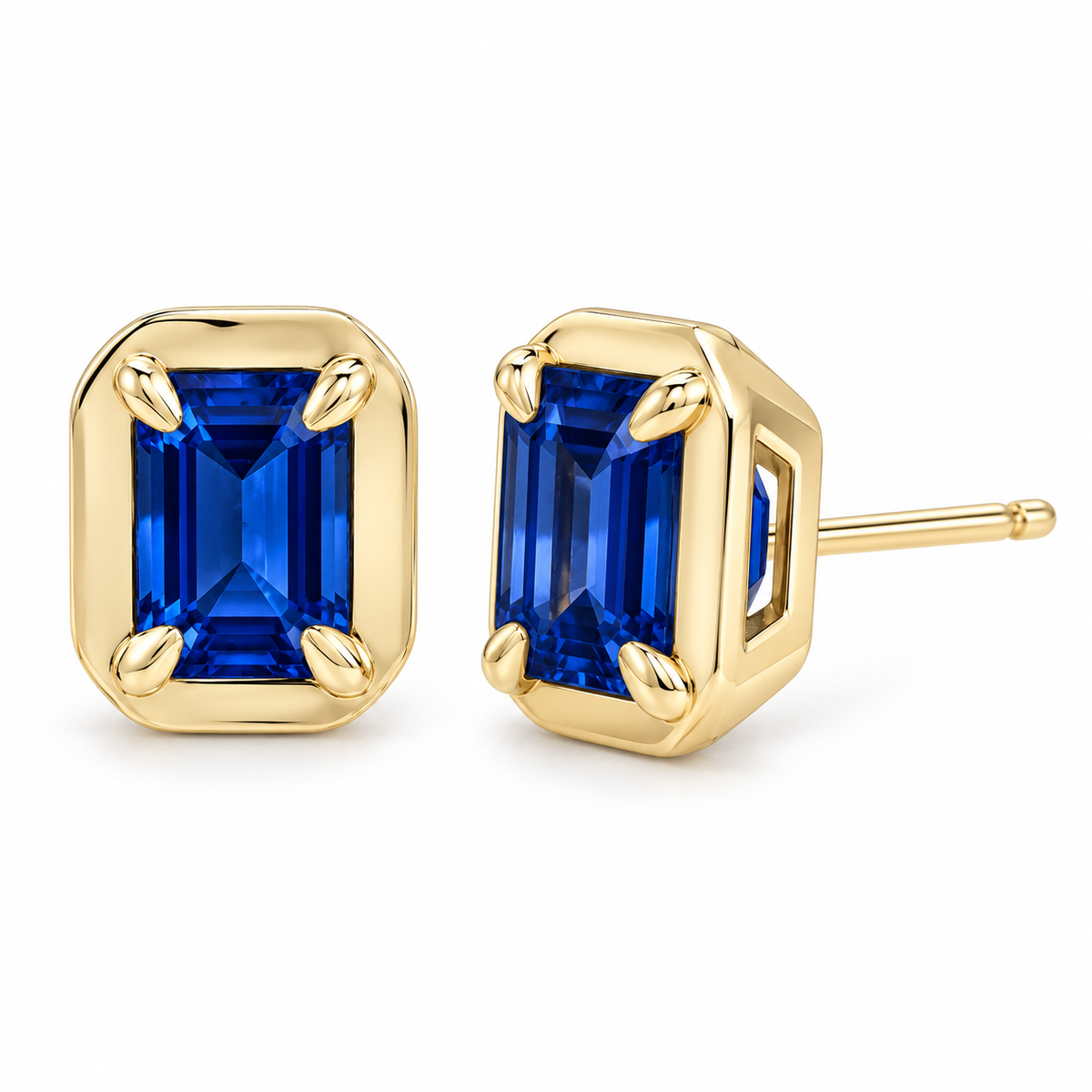 14K Yellow Gold Lab-Grown Blue Sapphire Emerald-Cut Claw Bezel Stud Earrings — 6 × 4 mm stones — enhanced studio view