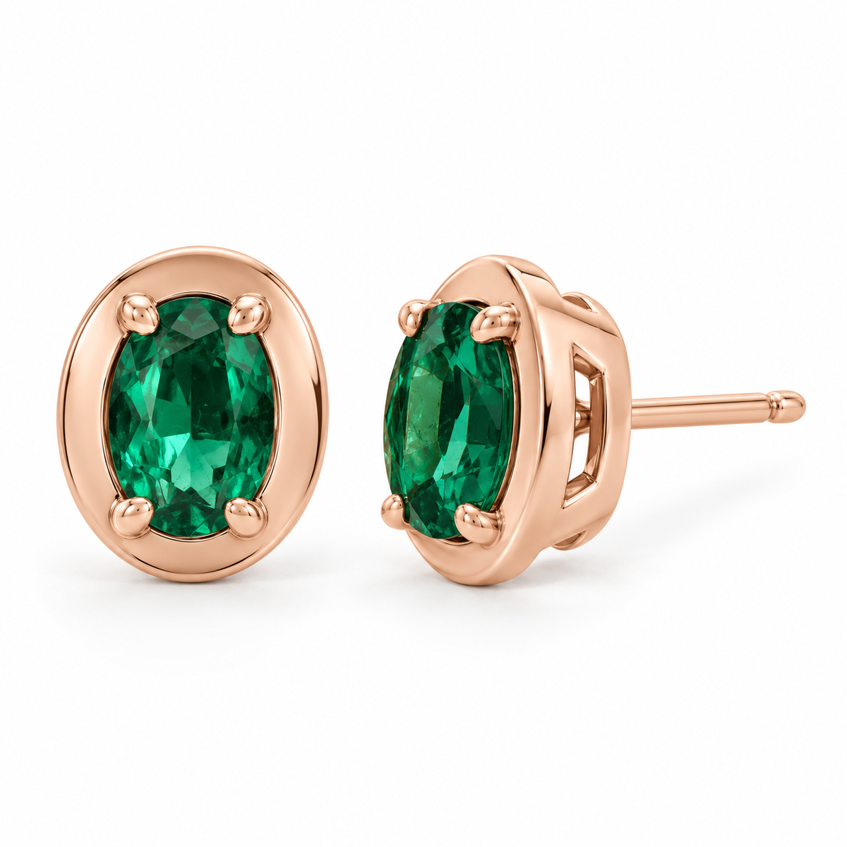 14K Rose Gold Lab-Grown Emerald Oval Claw Bezel Stud Earrings — 6 × 4 mm stones — enhanced studio view