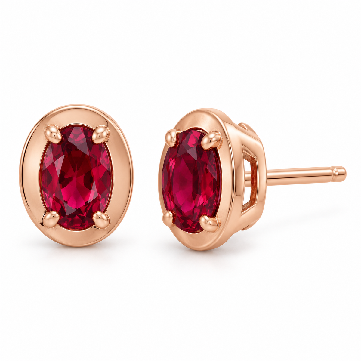 14K Rose Gold Lab-Grown Ruby Oval Claw Bezel Stud Earrings — 6 × 4 mm stones — enhanced studio view