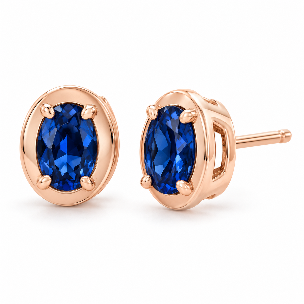 14K Rose Gold Lab-Grown Blue Sapphire Oval Claw Bezel Stud Earrings — 6 × 4 mm stones — enhanced studio view