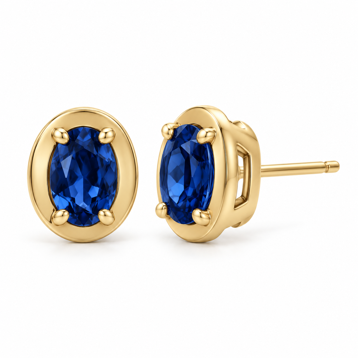 14K Yellow Gold Lab-Grown Blue Sapphire Oval Claw Bezel Stud Earrings — 6 × 4 mm stones — enhanced studio view