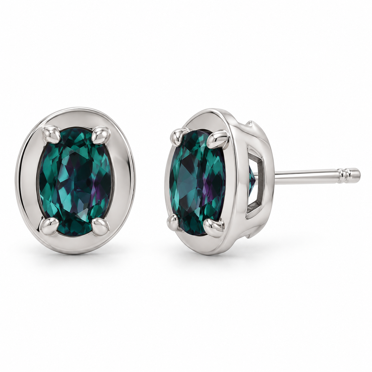 14K White Gold Lab-Grown Alexandrite Oval Claw Bezel Stud Earrings — 6 × 4 mm stones — enhanced studio view