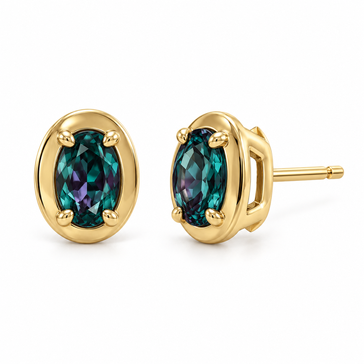 14K Yellow Gold Lab-Grown Alexandrite Oval Claw Bezel Stud Earrings — 6 × 4 mm stones — enhanced studio view