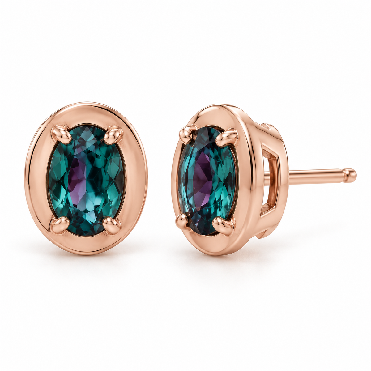 14K Rose Gold Lab-Grown Alexandrite Oval Claw Bezel Stud Earrings — 6 × 4 mm stones — enhanced studio view