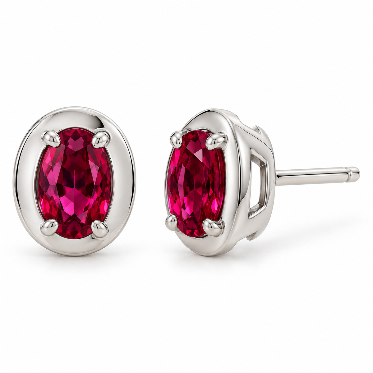 14K White Gold Lab-Grown Ruby Oval Claw Bezel Stud Earrings — 6 × 4 mm stones — enhanced studio view