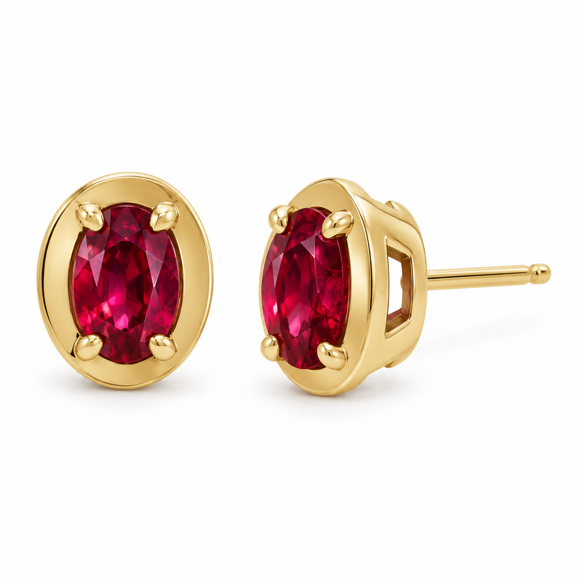 14K Yellow Gold Lab-Grown Ruby Oval Claw Bezel Stud Earrings — 6 × 4 mm stones — enhanced studio view