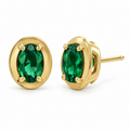 14K Yellow Gold Lab-Grown Emerald Oval Claw Bezel Stud Earrings — 6 × 4 mm stones — enhanced studio view