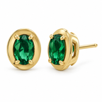 14K Yellow Gold Lab-Grown Emerald Oval Claw Bezel Stud Earrings — 6 × 4 mm stones — enhanced studio view