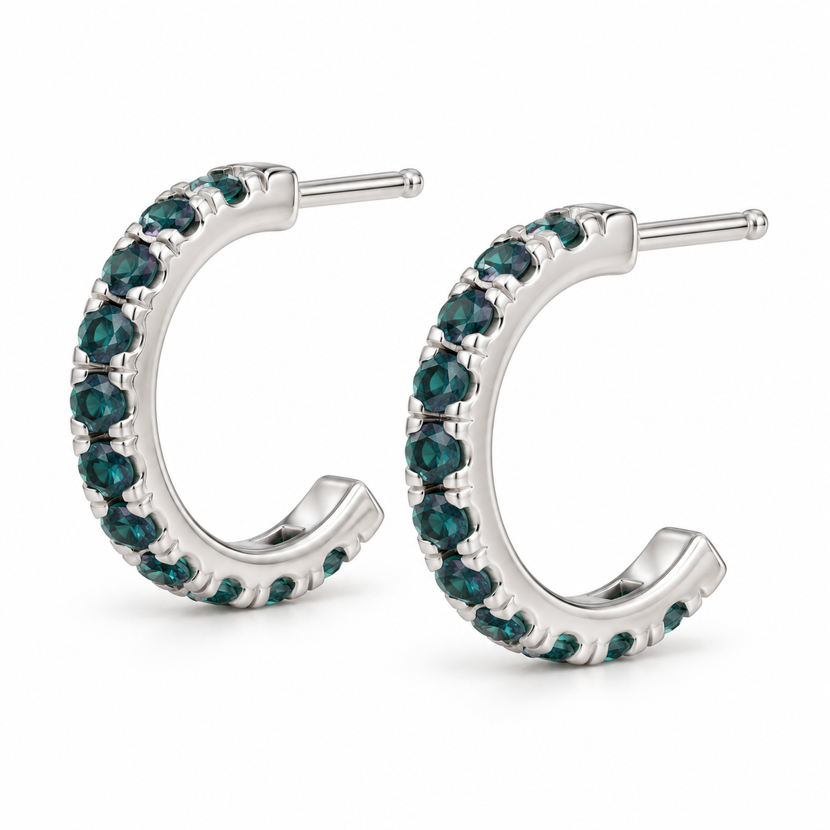 14K White Gold Lab-Grown Alexandrite French-Set Hoop Earrings — 12 mm hoops — enhanced studio view