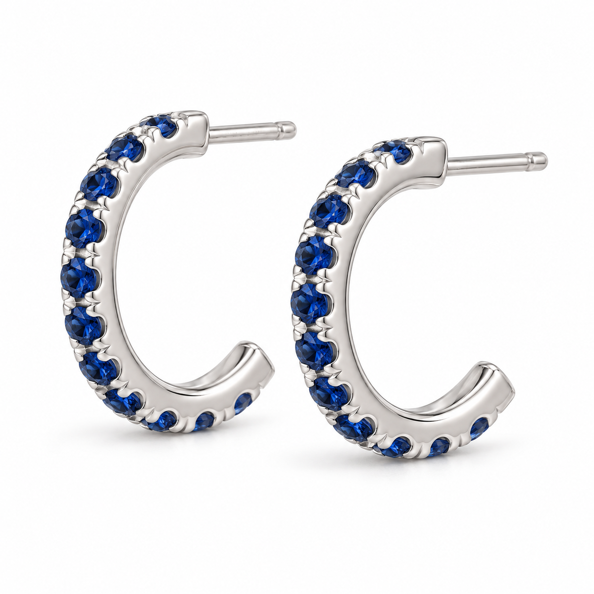 14K White Gold Lab-Grown Blue Sapphire French-Set Hoop Earrings — 12 mm hoops — enhanced studio view