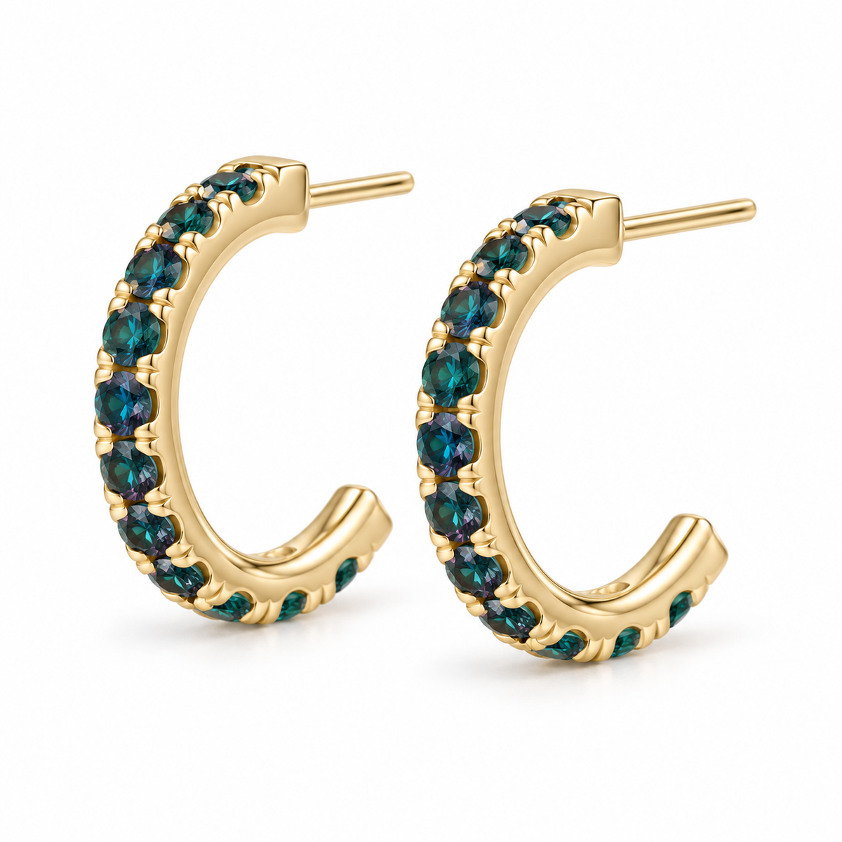 14K Yellow Gold Lab-Grown Alexandrite French-Set Hoop Earrings — 12 mm hoops — enhanced studio view