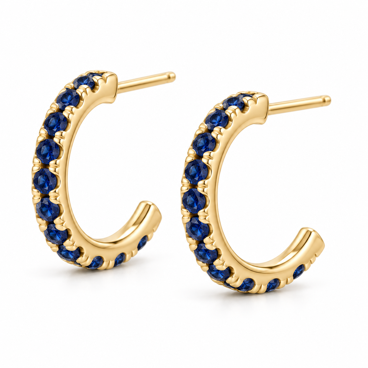 14K Yellow Gold Lab-Grown Blue Sapphire French-Set Hoop Earrings — 12 mm hoops — enhanced studio view