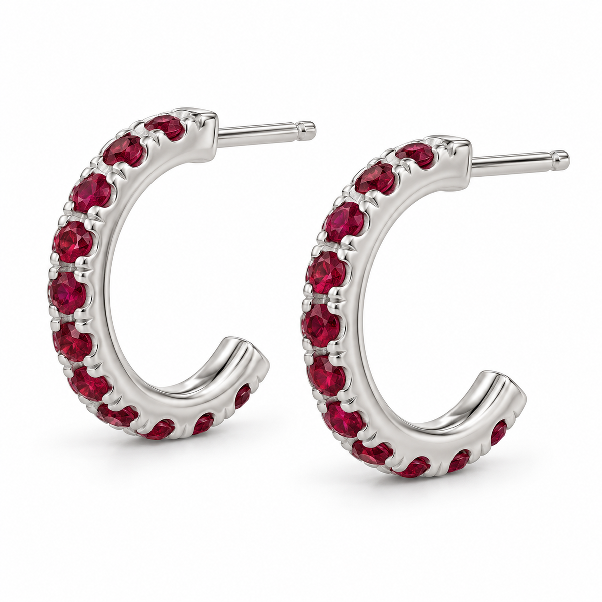 14K White Gold Lab-Grown Ruby French-Set Hoop Earrings — 12 mm hoops — enhanced studio view