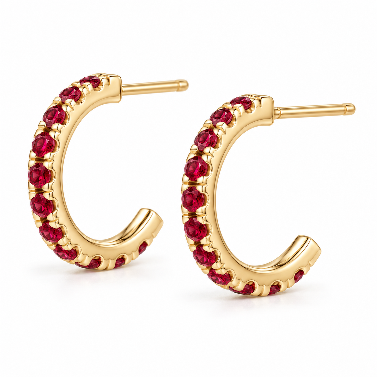 14K Yellow Gold Lab-Grown Ruby French-Set Hoop Earrings — 12 mm hoops — enhanced studio view