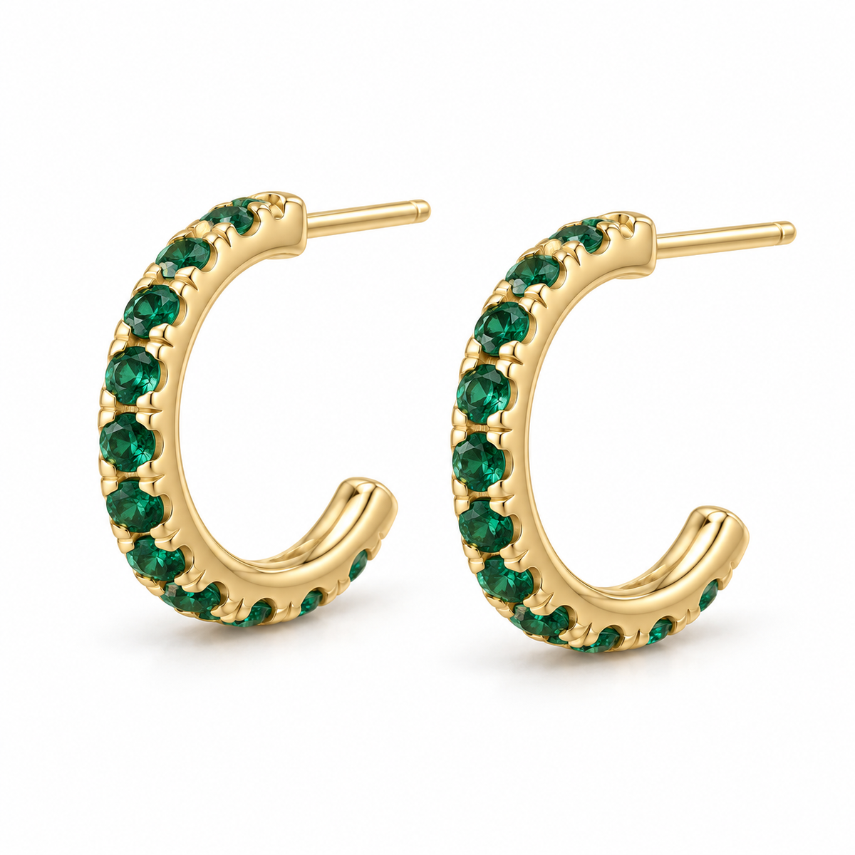 14K Yellow Gold Lab-Grown Emerald French-Set Hoop Earrings — 12 mm hoops — enhanced studio view
