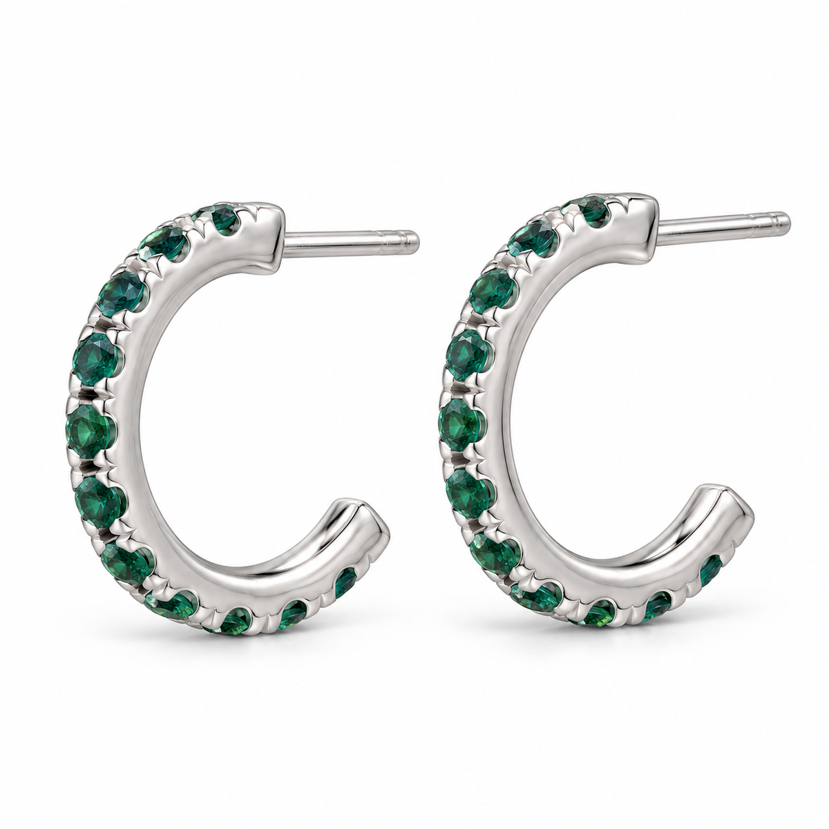 14K White Gold Lab-Grown Emerald French-Set Hoop Earrings — 12 mm hoops — enhanced studio view