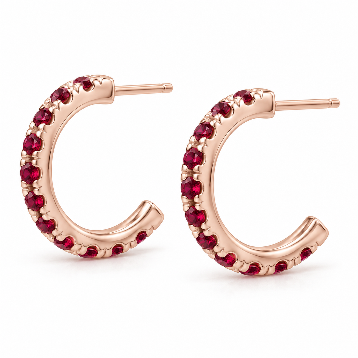 14K Rose Gold Lab-Grown Ruby French-Set Hoop Earrings — 12 mm hoops — enhanced studio view