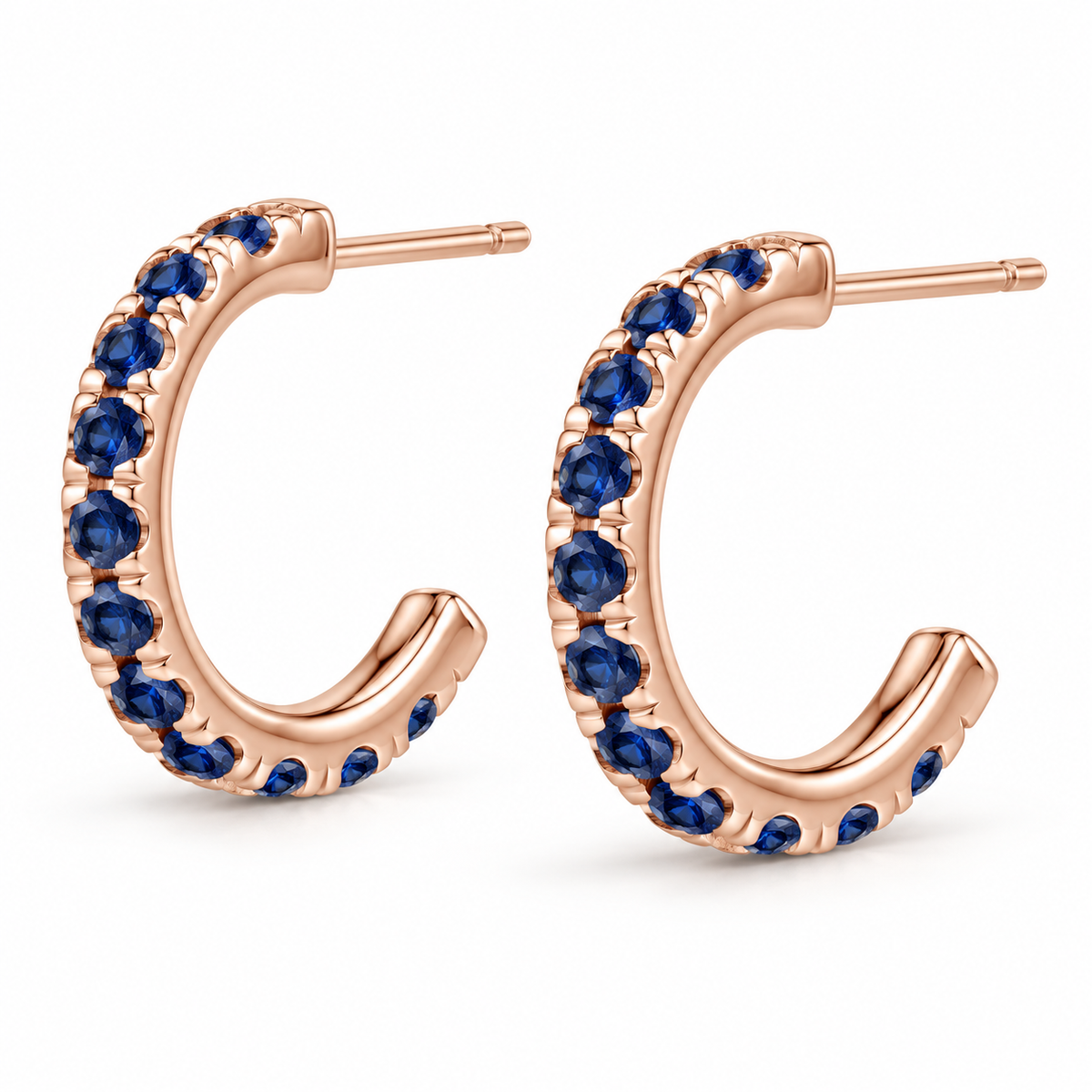 14K Rose Gold Lab-Grown Blue Sapphire French-Set Hoop Earrings — 12 mm hoops — enhanced studio view