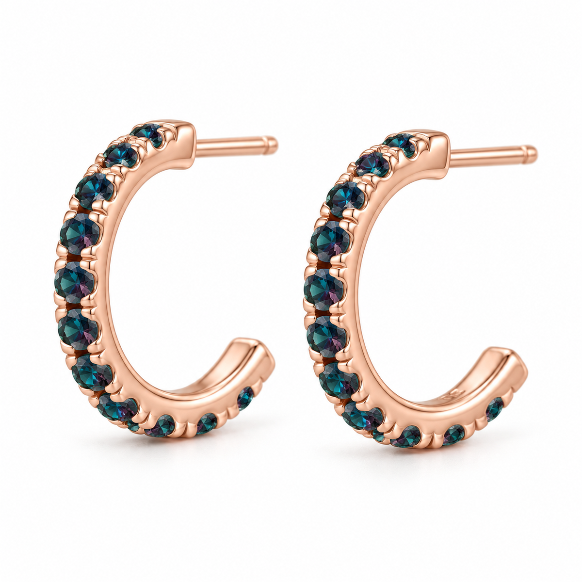 14K Rose Gold Lab-Grown Alexandrite French-Set Hoop Earrings — 12 mm hoops — enhanced studio view