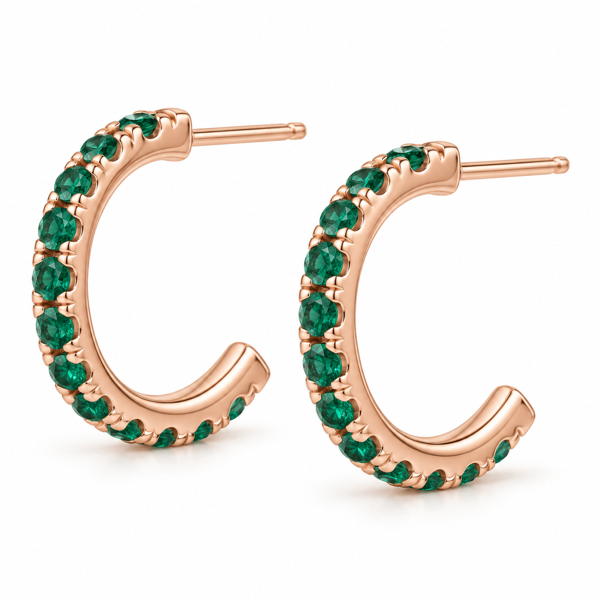 14K Rose Gold Lab-Grown Emerald French-Set Hoop Earrings — 12 mm hoops — enhanced studio view
