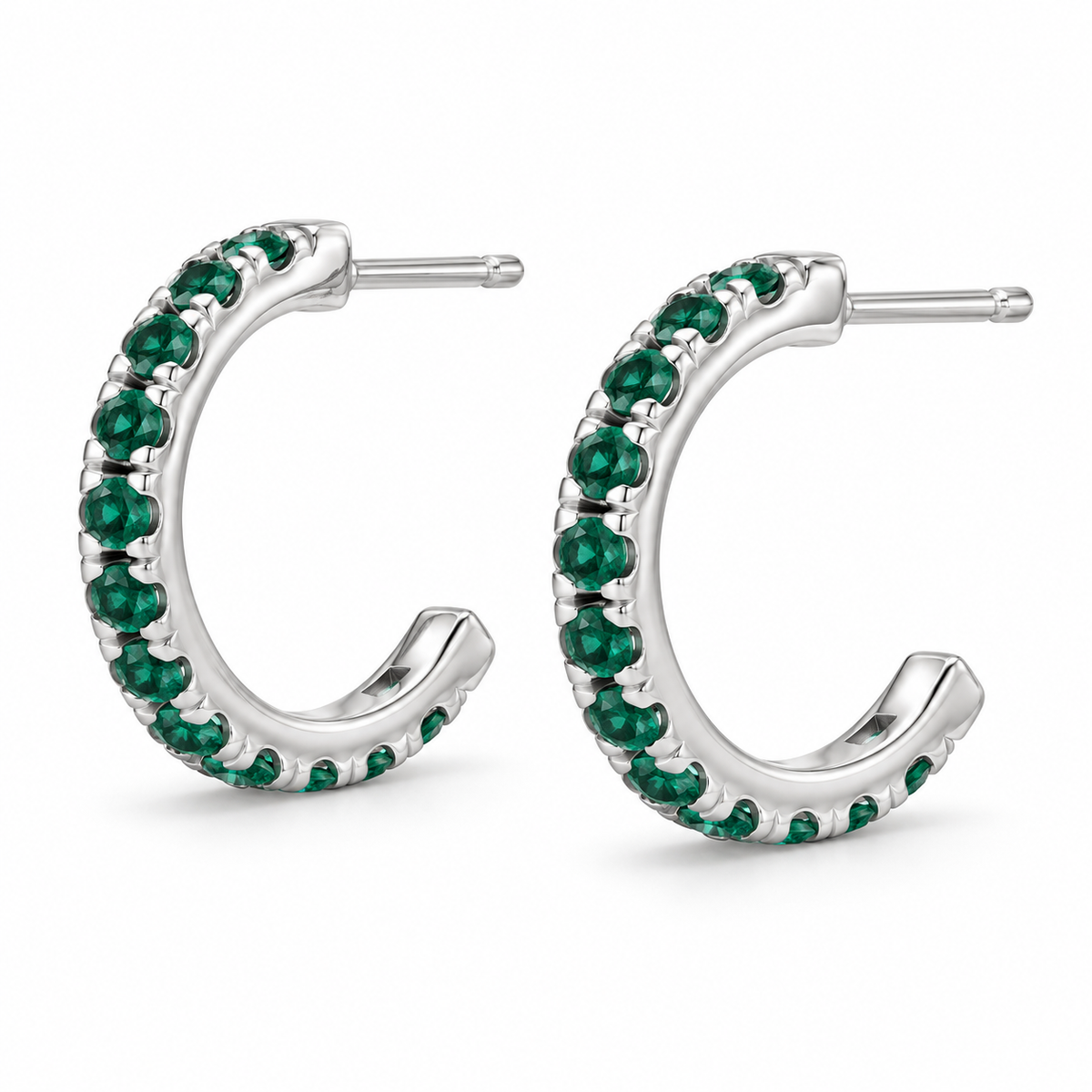 14K White Gold Lab-Grown Emerald French-Set Hoop Earrings — 15.1 mm hoops — enhanced studio view