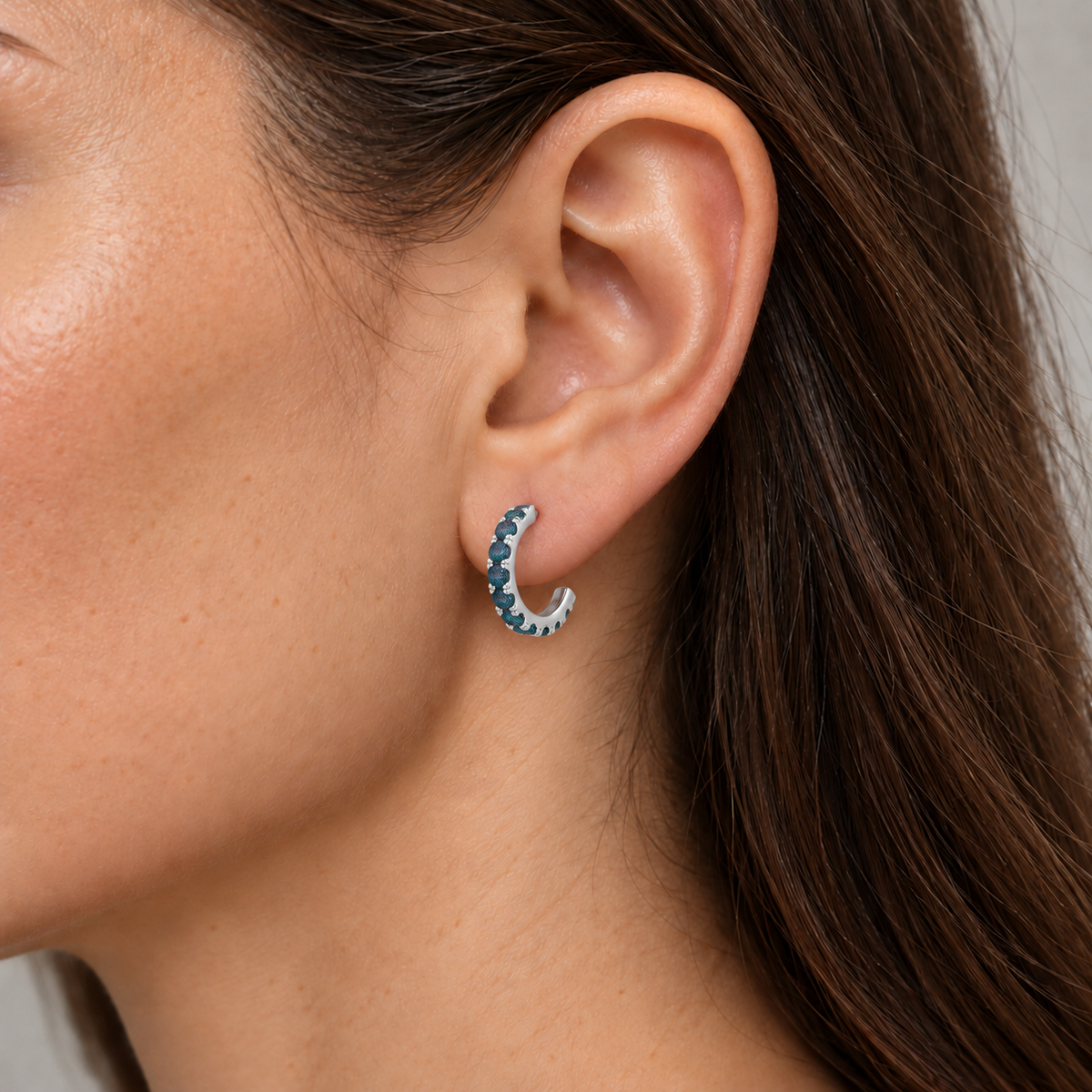 14K White Gold Lab-Grown Alexandrite French-Set Hoop Earrings — 15.1 mm hoops — on-ear illustration based on listed dimensions