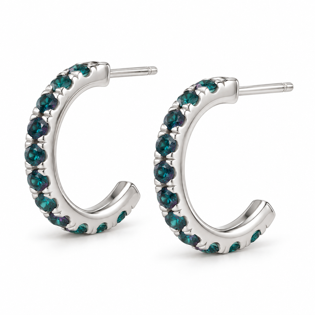 14K White Gold Lab-Grown Alexandrite French-Set Hoop Earrings — 15.1 mm hoops — enhanced studio view