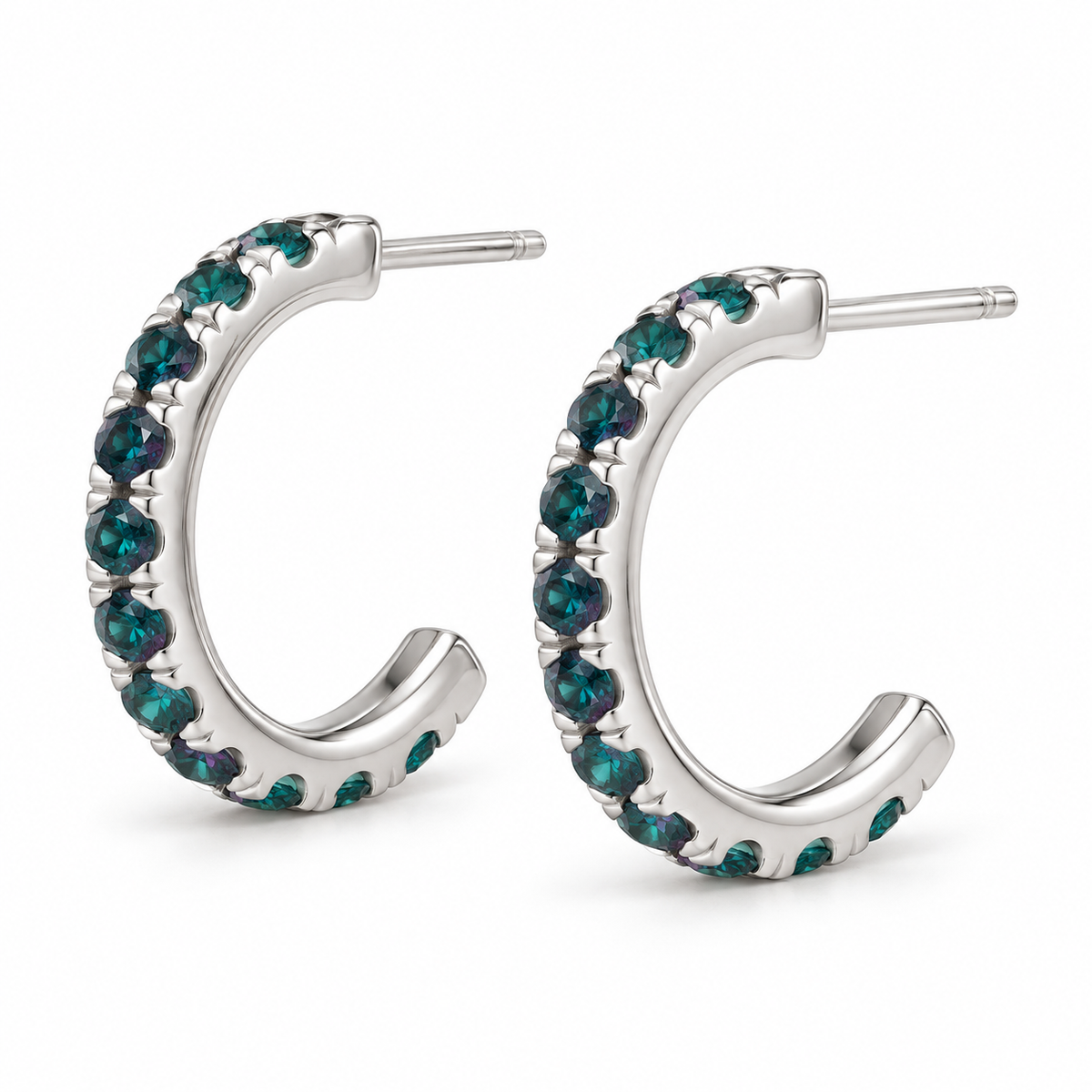 14K White Gold Lab-Grown Alexandrite French-Set Hoop Earrings — 15.1 mm hoops — enhanced studio view
