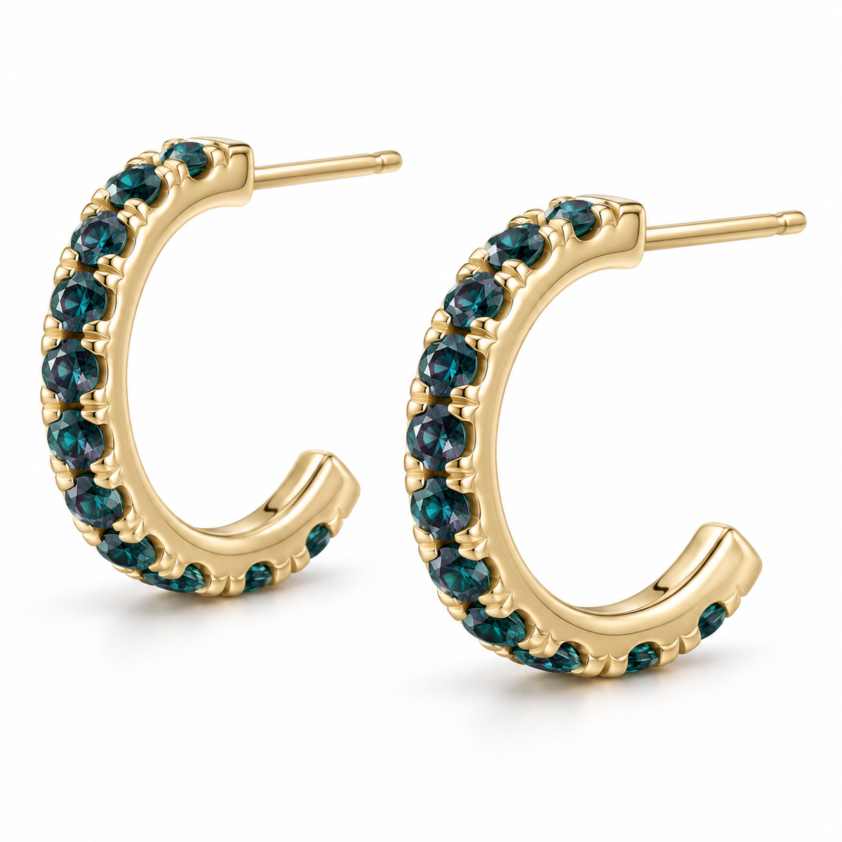 14K Yellow Gold Lab-Grown Alexandrite French-Set Hoop Earrings — 15.1 mm hoops — enhanced studio view