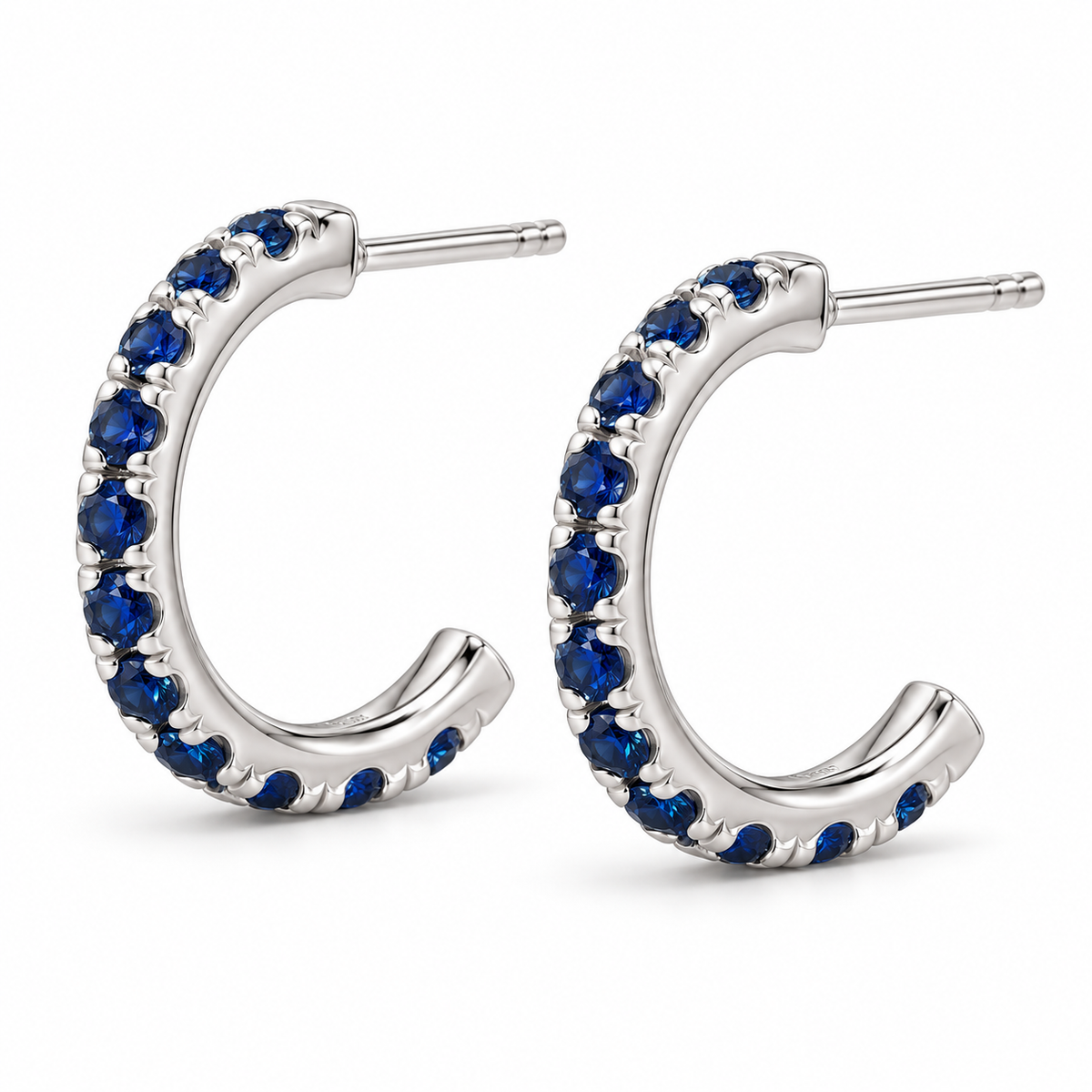 14K White Gold Lab-Grown Blue Sapphire French-Set Hoop Earrings — 15.1 mm hoops — enhanced studio view