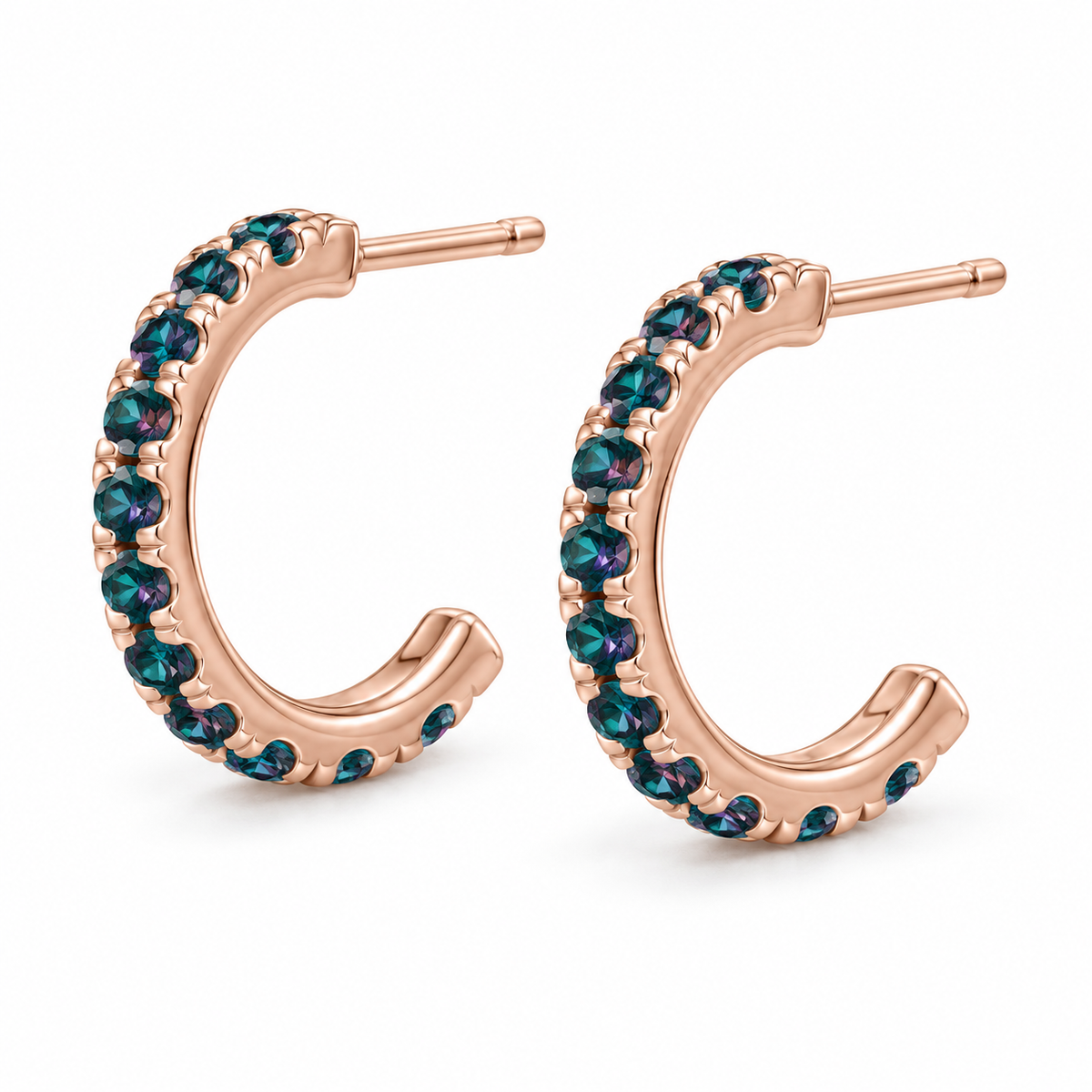 14K Rose Gold Lab-Grown Alexandrite French-Set Hoop Earrings — 15.1 mm hoops — enhanced studio view