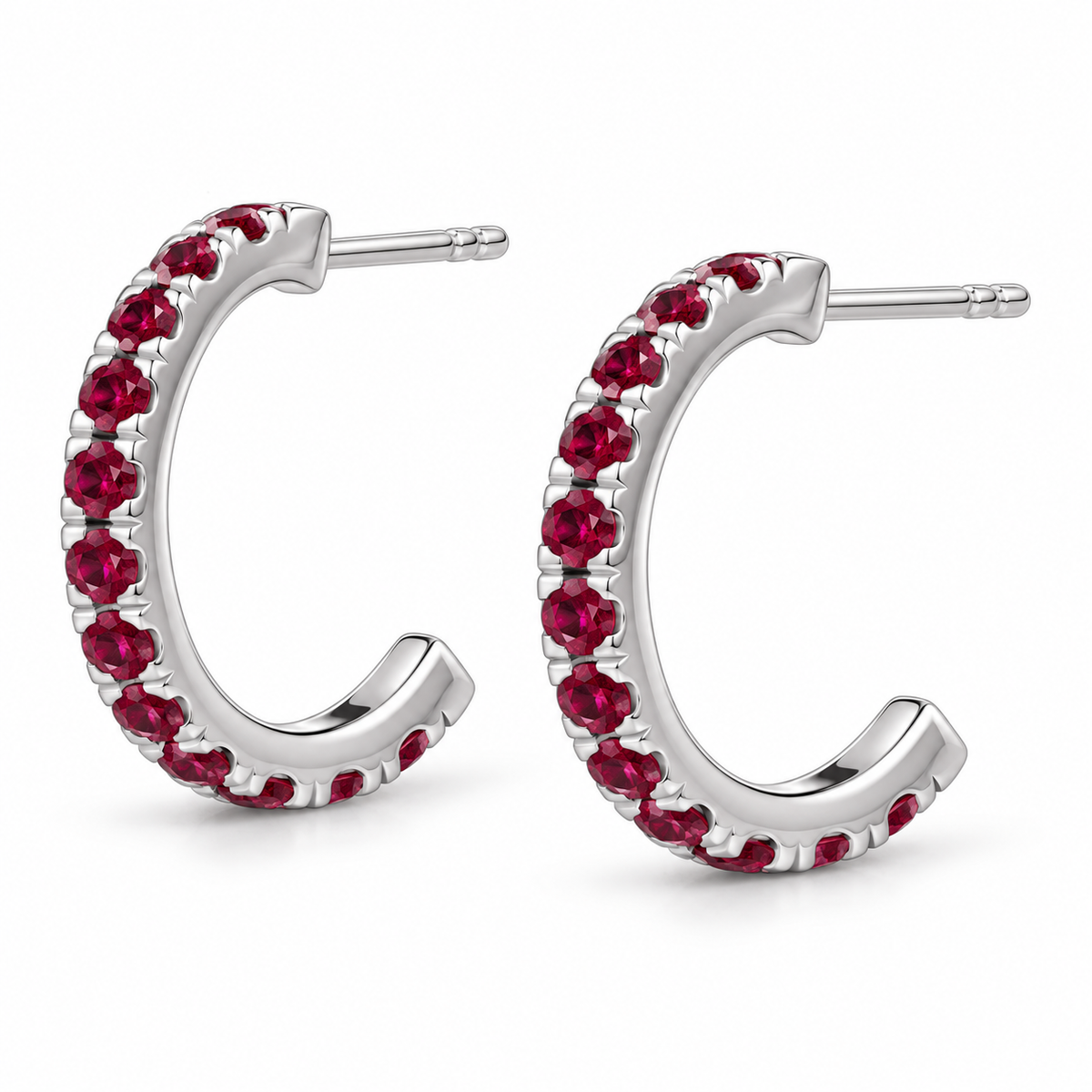 14K White Gold Lab-Grown Ruby French-Set Hoop Earrings — 15.1 mm hoops — enhanced studio view