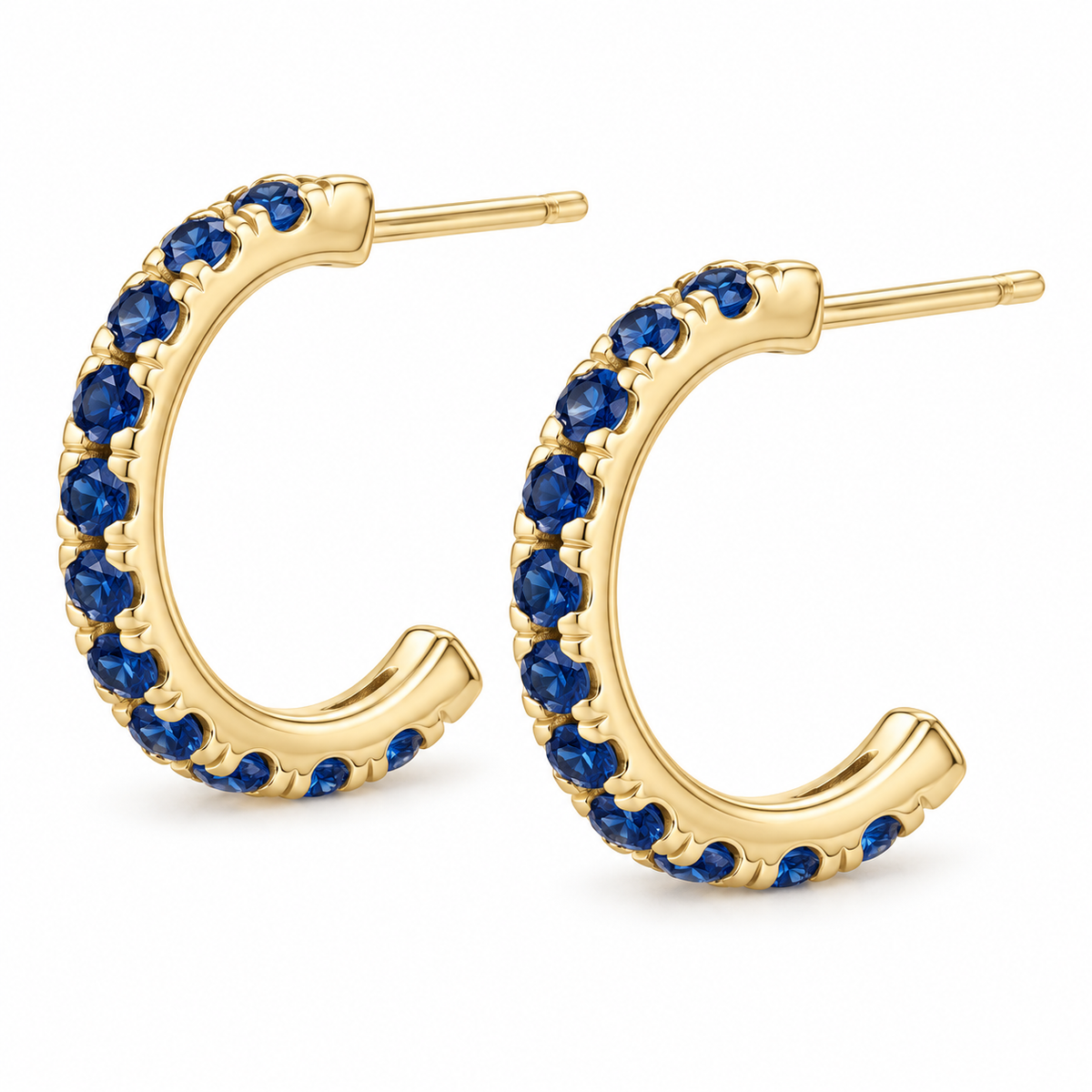 14K Yellow Gold Lab-Grown Blue Sapphire French-Set Hoop Earrings — 15.1 mm hoops — enhanced studio view