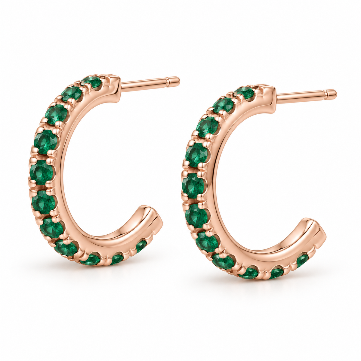14K Rose Gold Lab-Grown Emerald French-Set Hoop Earrings — 15.1 mm hoops — enhanced studio view