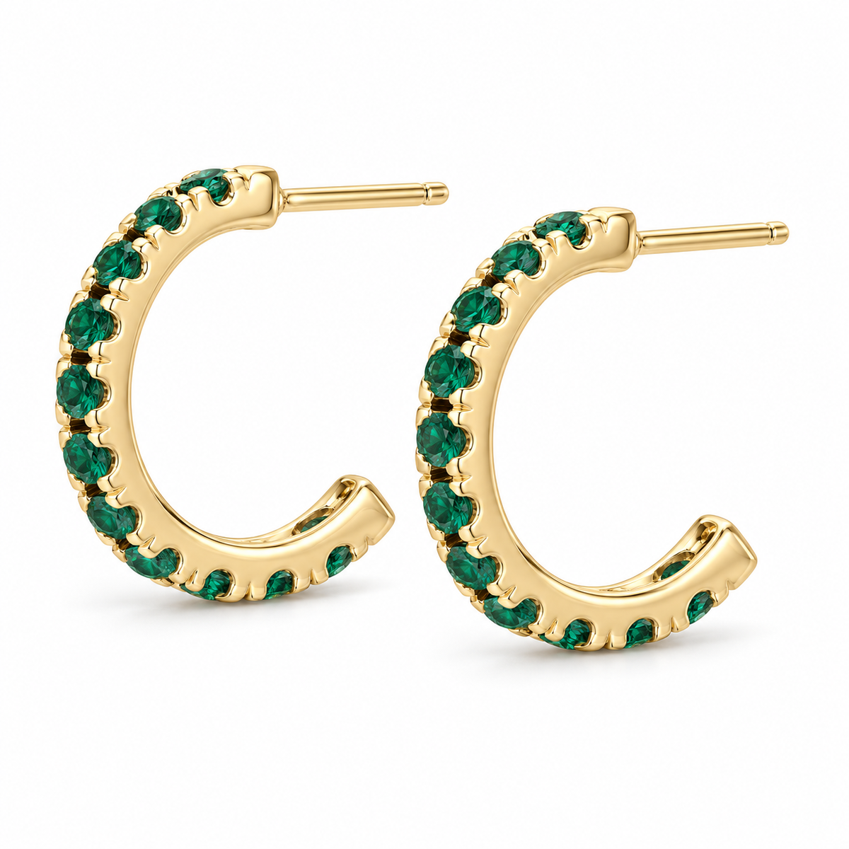 14K Yellow Gold Lab-Grown Emerald French-Set Hoop Earrings — 15.1 mm hoops — enhanced studio view