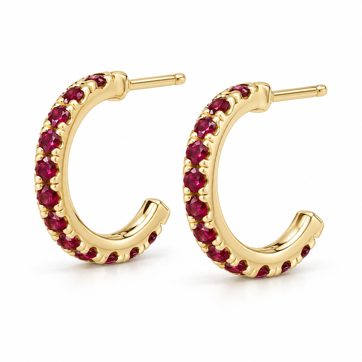 14K Yellow Gold Lab-Grown Ruby French-Set Hoop Earrings — 15.1 mm hoops — enhanced studio view