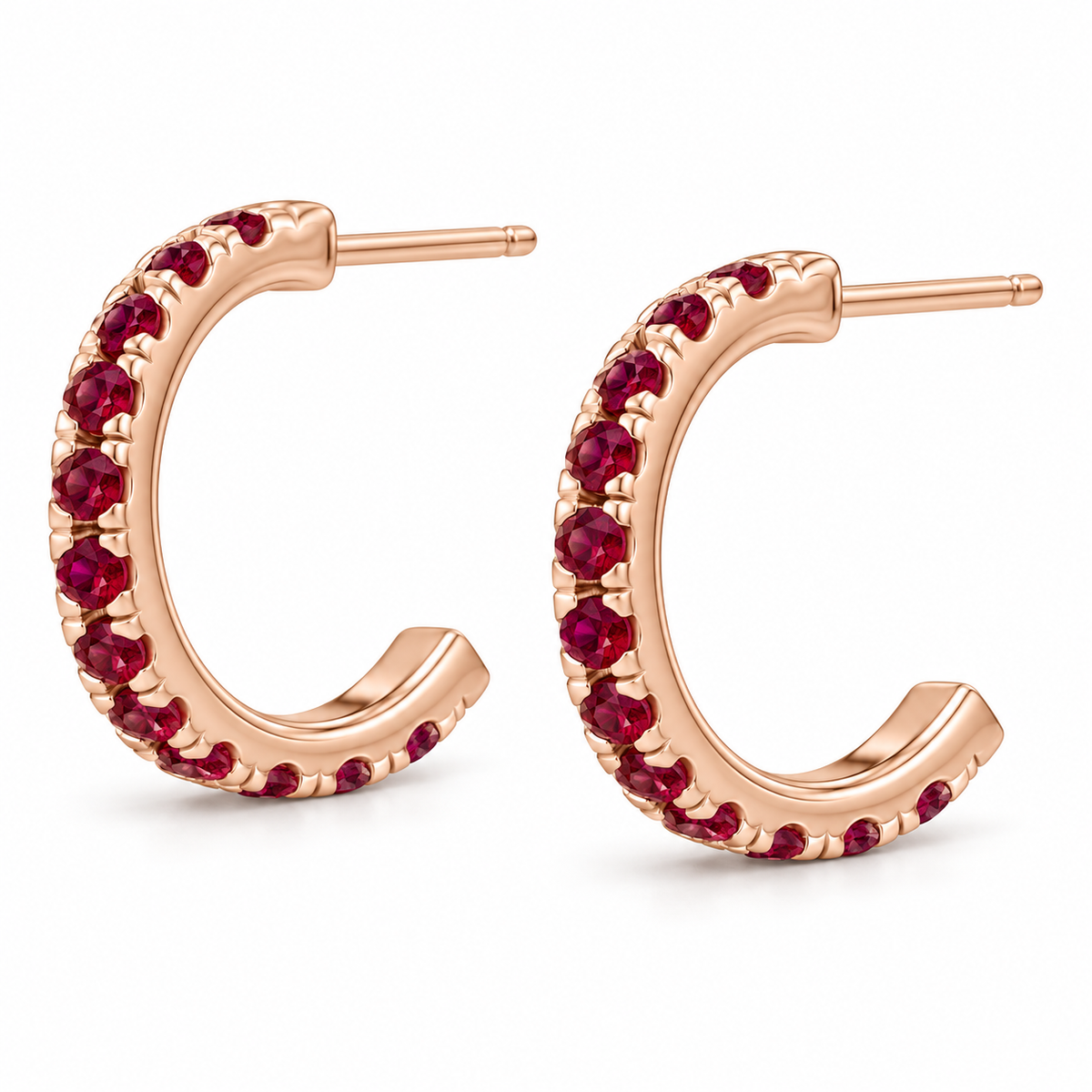 14K Rose Gold Lab-Grown Ruby French-Set Hoop Earrings — 15.1 mm hoops — enhanced studio view