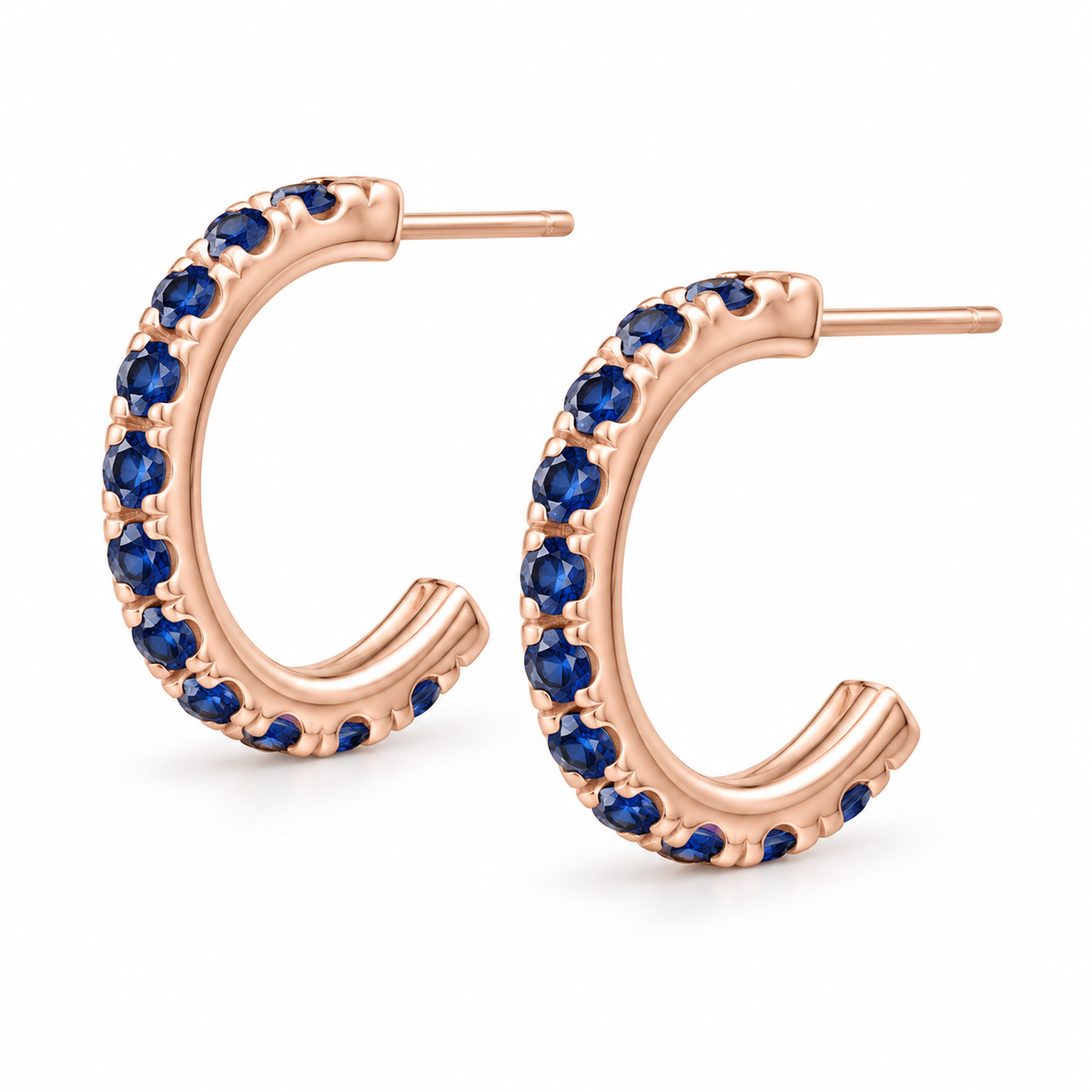 14K Rose Gold Lab-Grown Blue Sapphire French-Set Hoop Earrings — 15.1 mm hoops — enhanced studio view