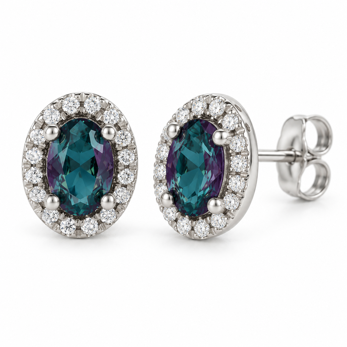 14K White Gold Lab-Grown Alexandrite French-Set Halo Earrings — 6 × 4 mm stones — enhanced studio view